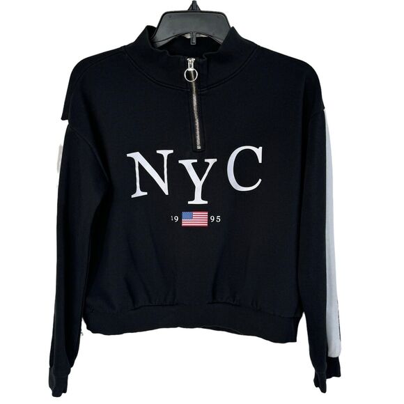 H&M Girls SZ 14Y Crop Sweatshirt "NYC" Zip Long Sleeve Stretch Black - Picture 1 of 5